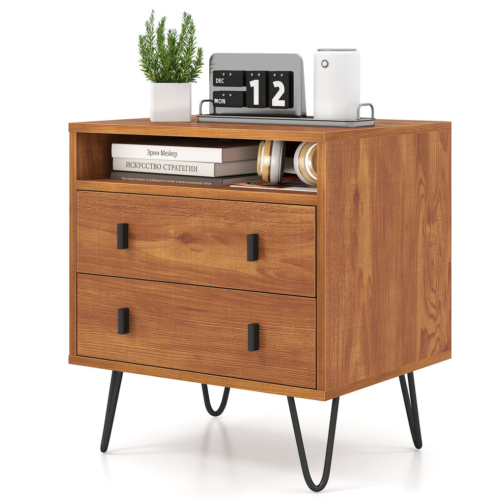 Mid Century Modern 2-Drawer Nightstand with Storage, Walnut