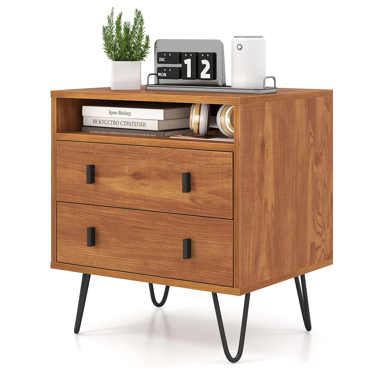 Mid Century Modern 2-Drawer Nightstand with Storage, Walnut