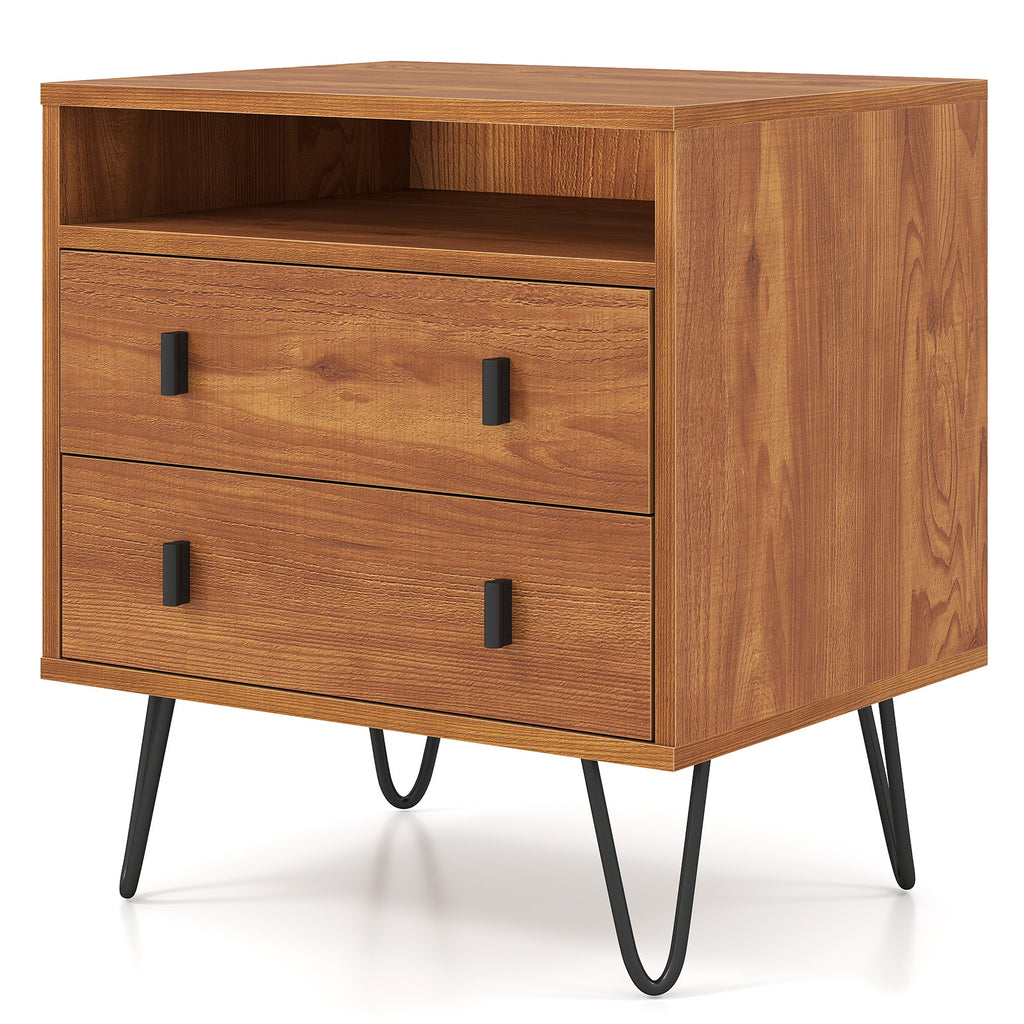 Mid Century Modern 2-Drawer Nightstand with Storage, Walnut