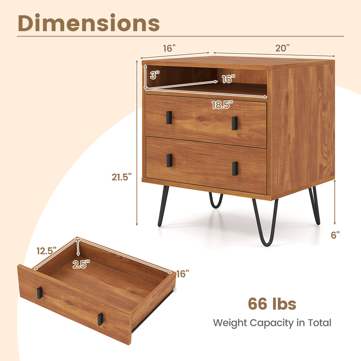 Mid Century Modern 2-Drawer Nightstand with Storage, Walnut