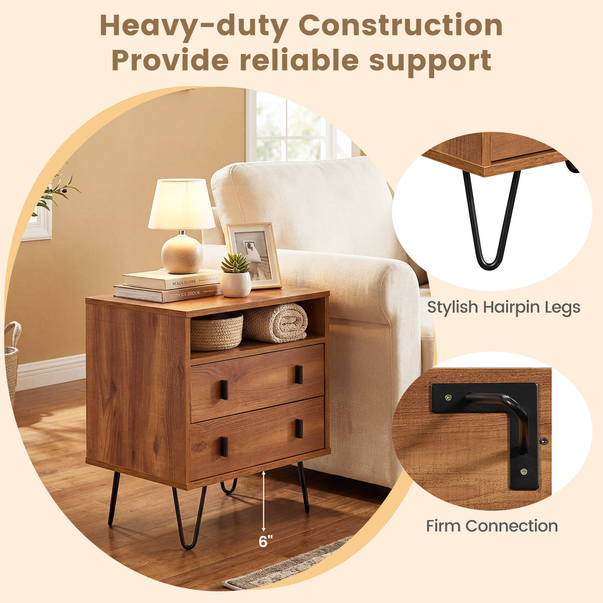 Mid Century Modern 2-Drawer Nightstand with Storage, Walnut