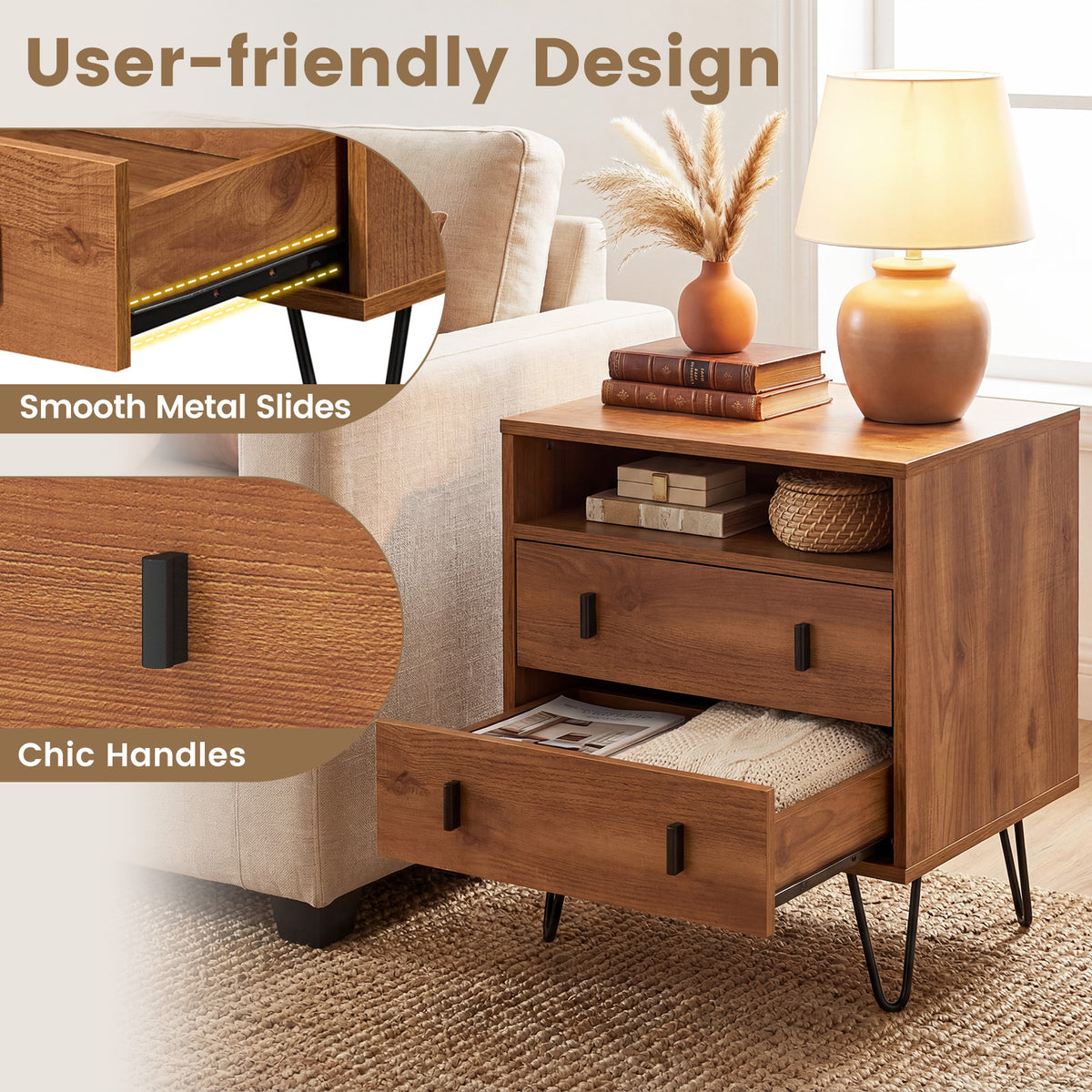 Mid Century Modern 2-Drawer Nightstand with Storage, Walnut