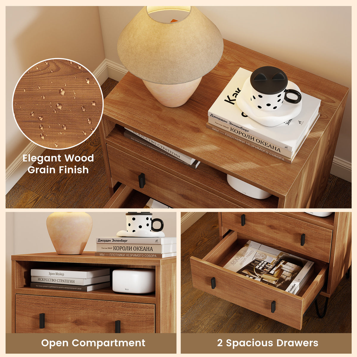 Mid Century Modern 2-Drawer Nightstand with Storage, Walnut