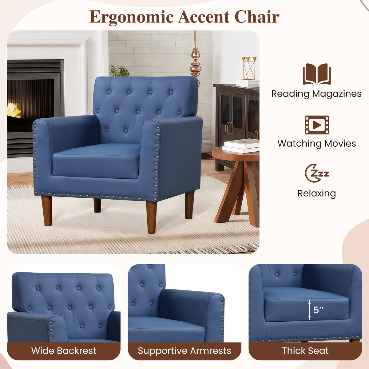 Mid Century Modern Accent Chair, Button Tufted, Blue