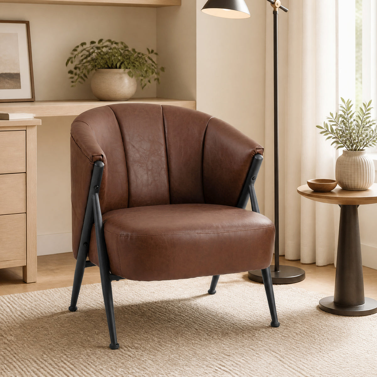 Mid Century Modern Armchair with Curved Backrest - Brown
