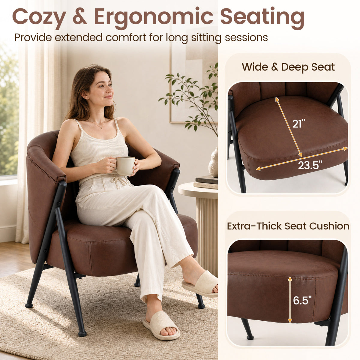 Mid Century Modern Armchair with Curved Backrest - Brown