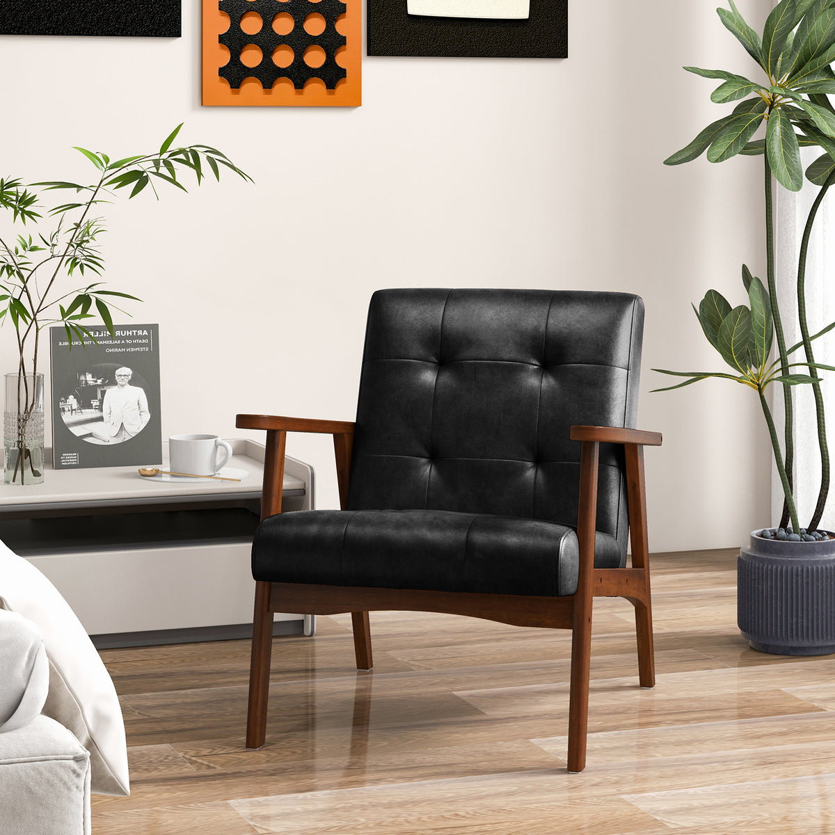 Mid Century Accent Chair, Black - Leather with Wood Frame