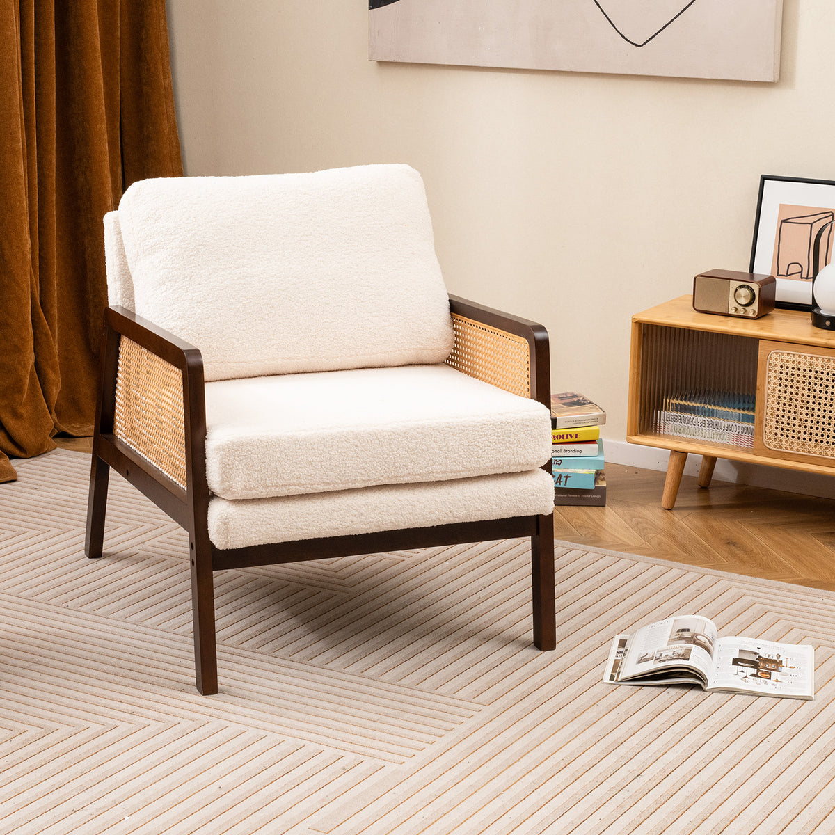 Mid Century Modern Accent Chair with Rattan Arms - Natural