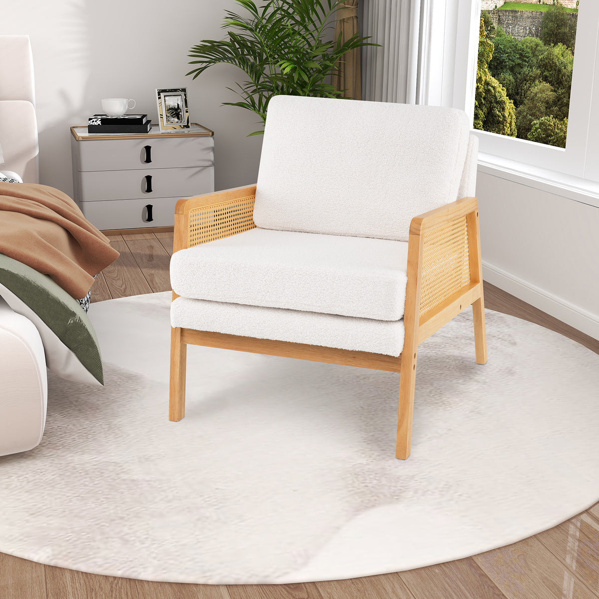 Mid Century Modern Accent Chair with Rattan Arms - Natural