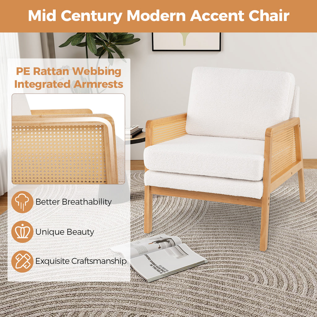 Mid Century Modern Accent Chair with Rattan Arms - Natural