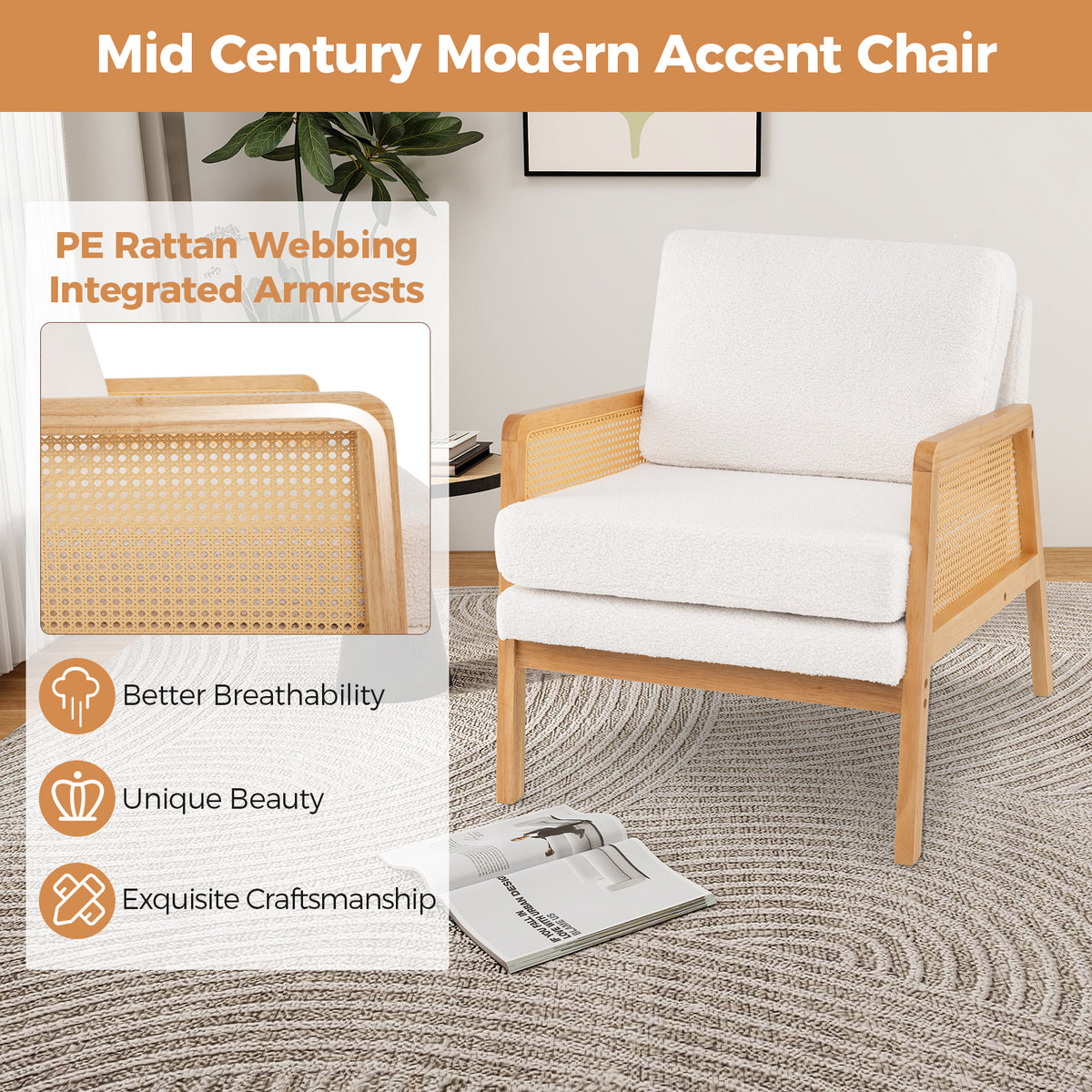 Mid Century Modern Accent Chair with Rattan Arms - Natural