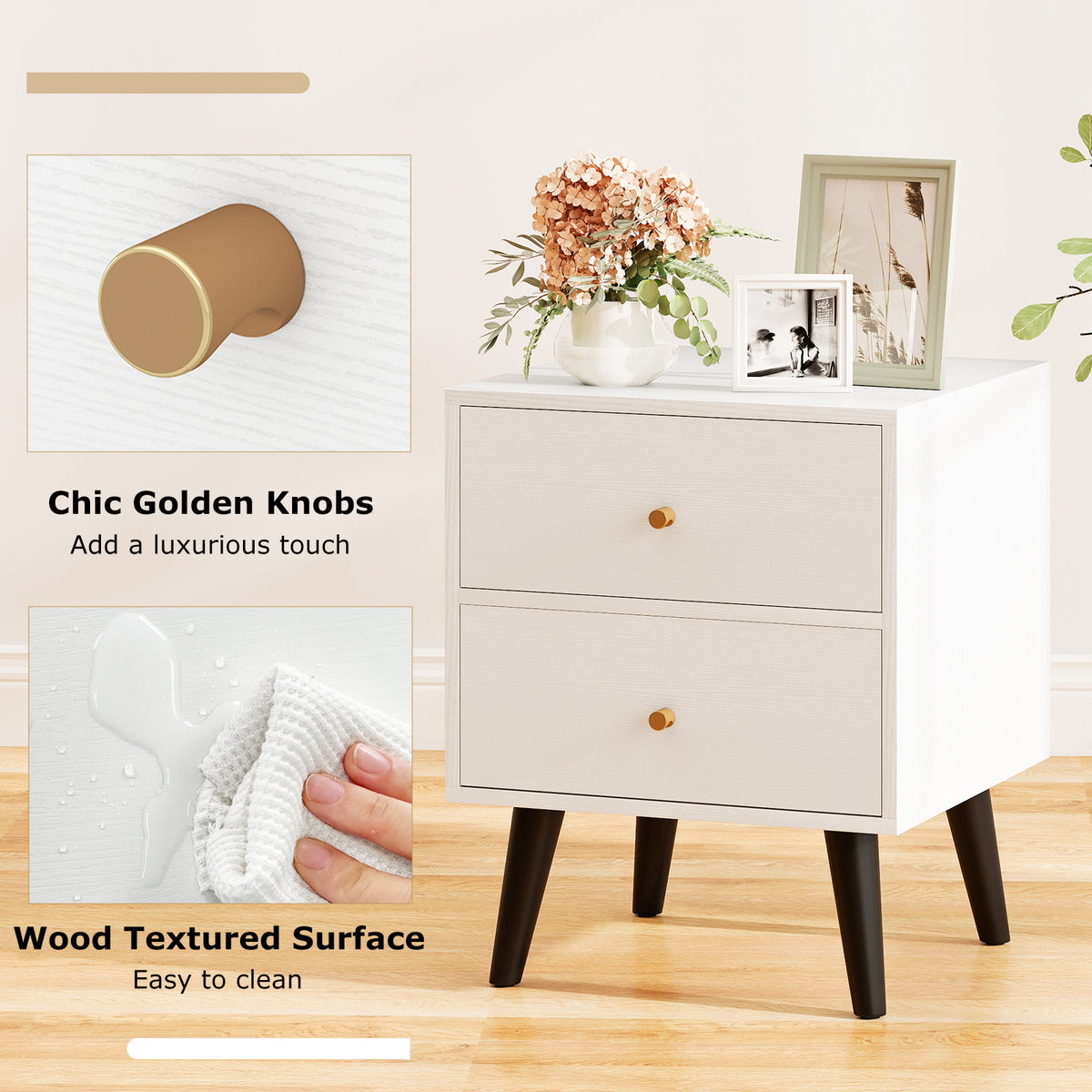 Mid Century Modern Nightstand with Golden Knobs - Black