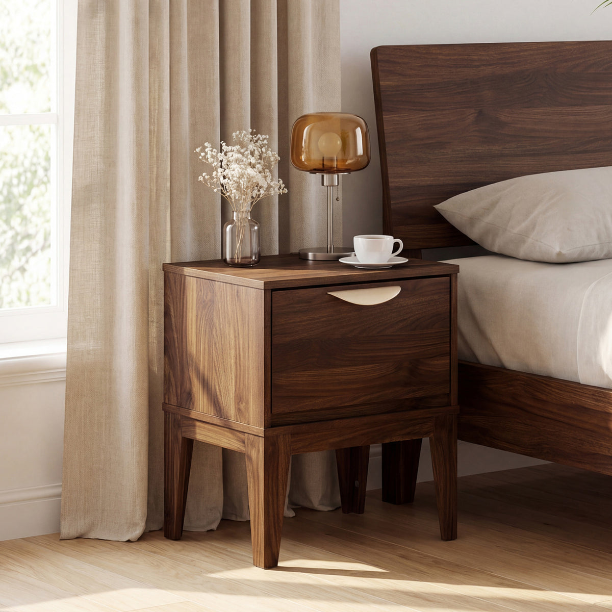 Mid Century Modern Bedside Table with Drawer - Walnut