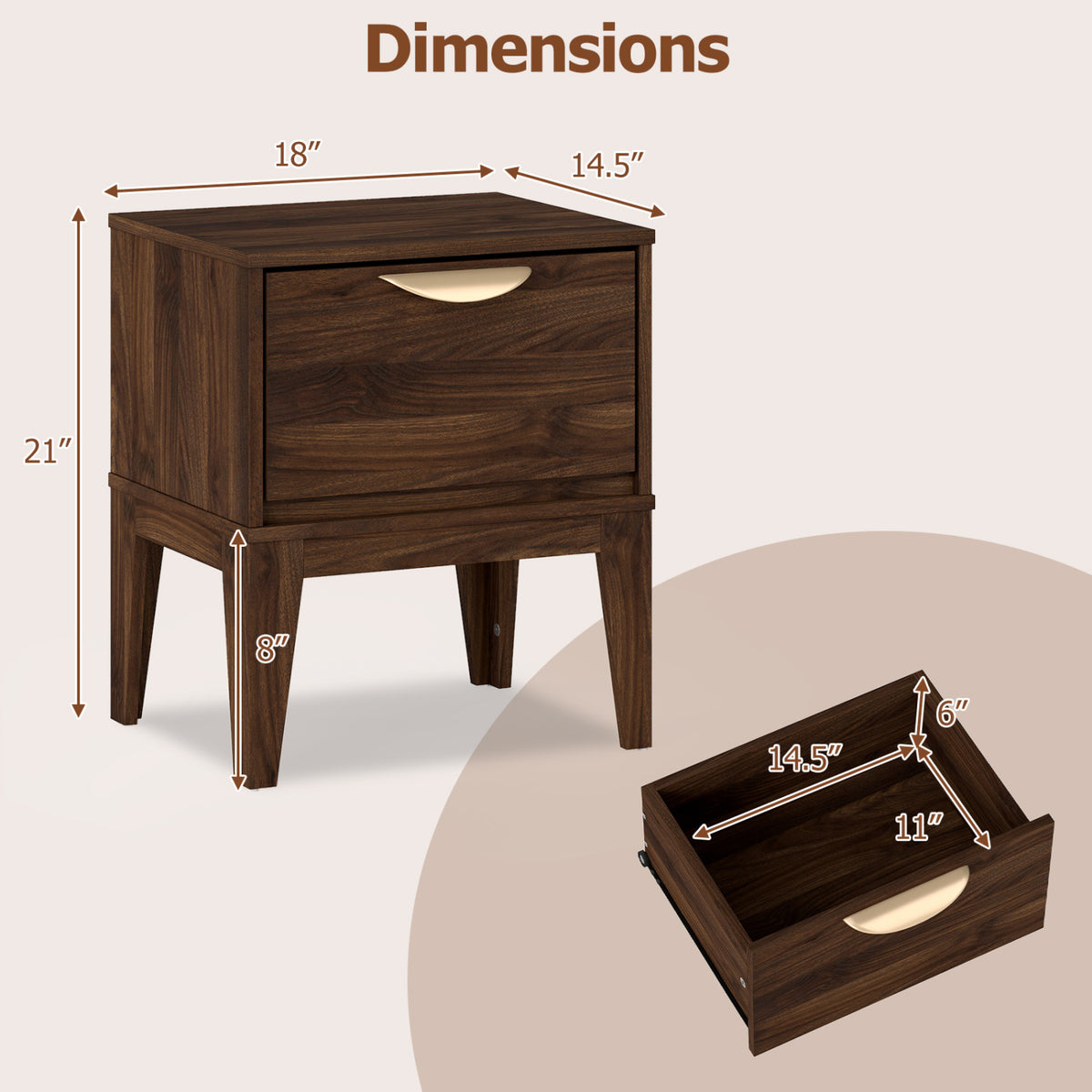 Mid Century Modern Bedside Table with Drawer - Walnut