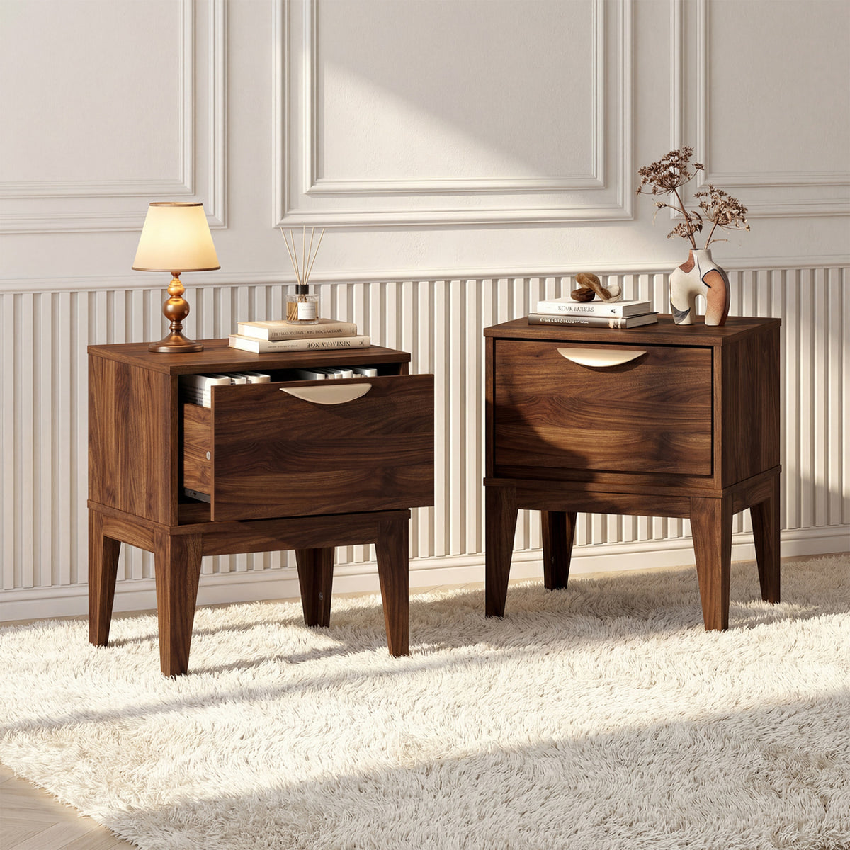 Mid Century Modern Bedside Table with Drawer - Walnut