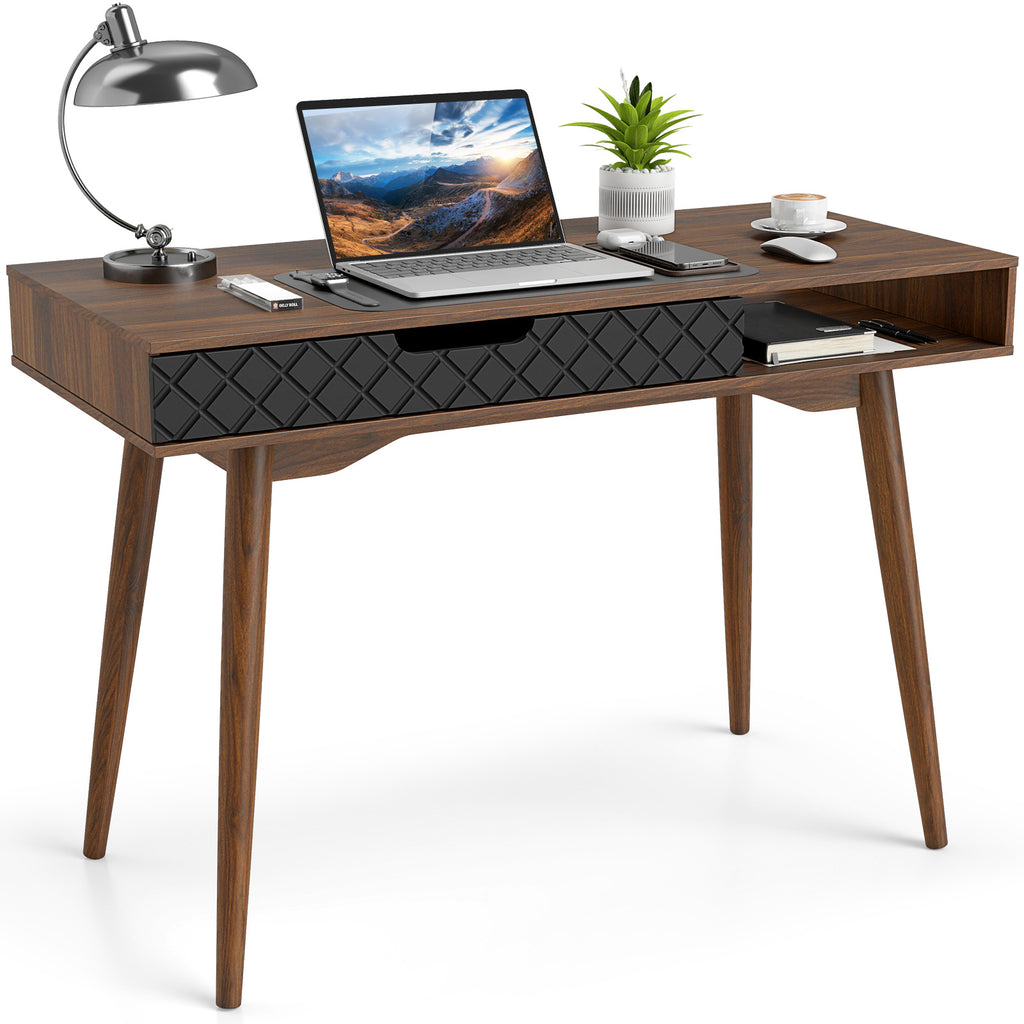 Mid-Century Modern Computer Desk with Drawer & Compartment - Brown