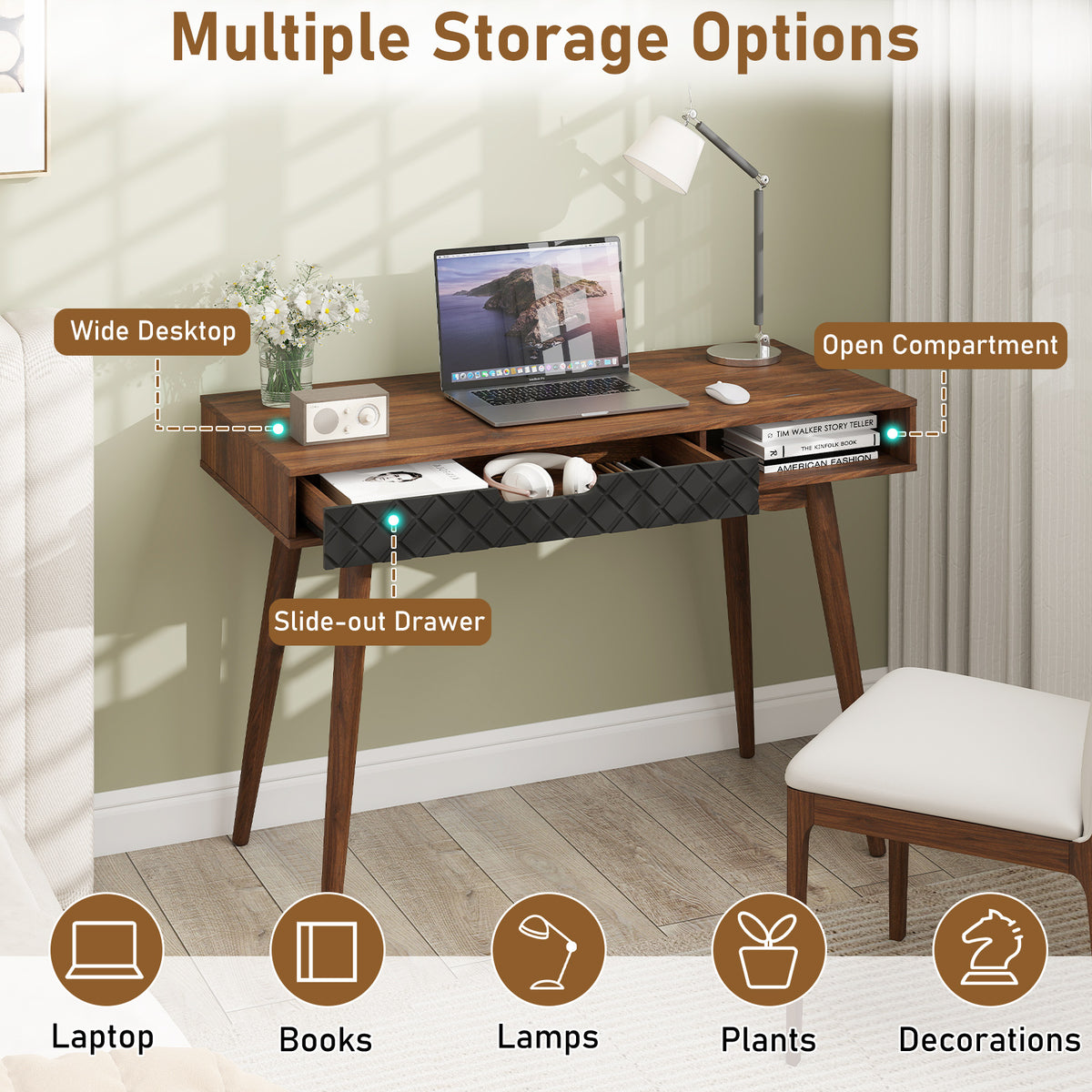 Mid-Century Modern Computer Desk with Drawer - Brown