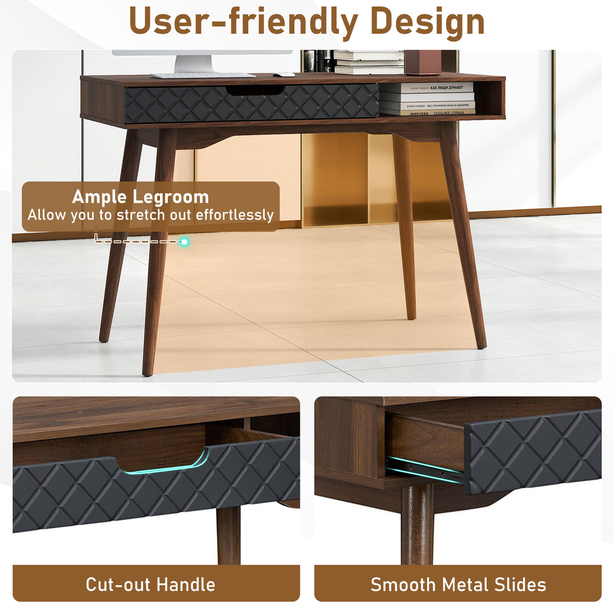 Mid-Century Modern Computer Desk with Drawer - Brown