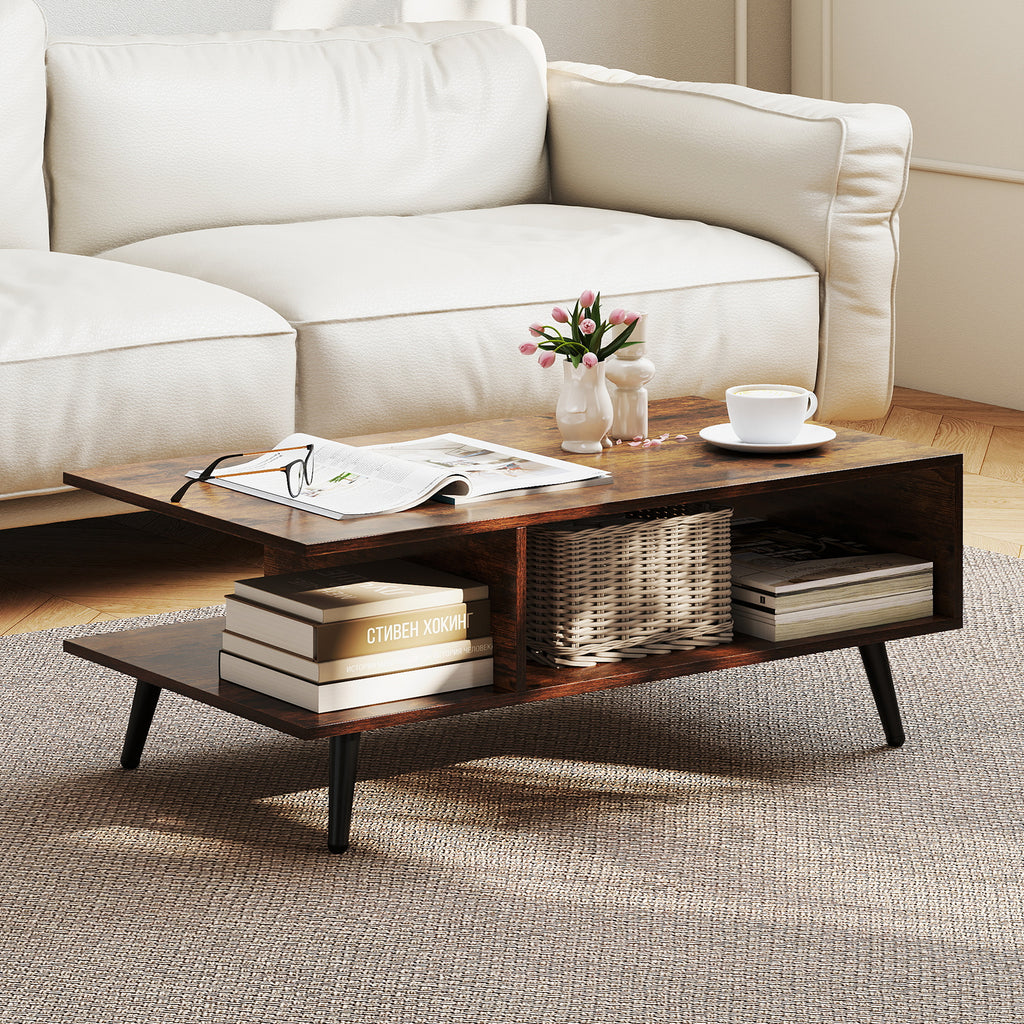 Mid Century Modern Coffee Table 2-Tier with Storage - White