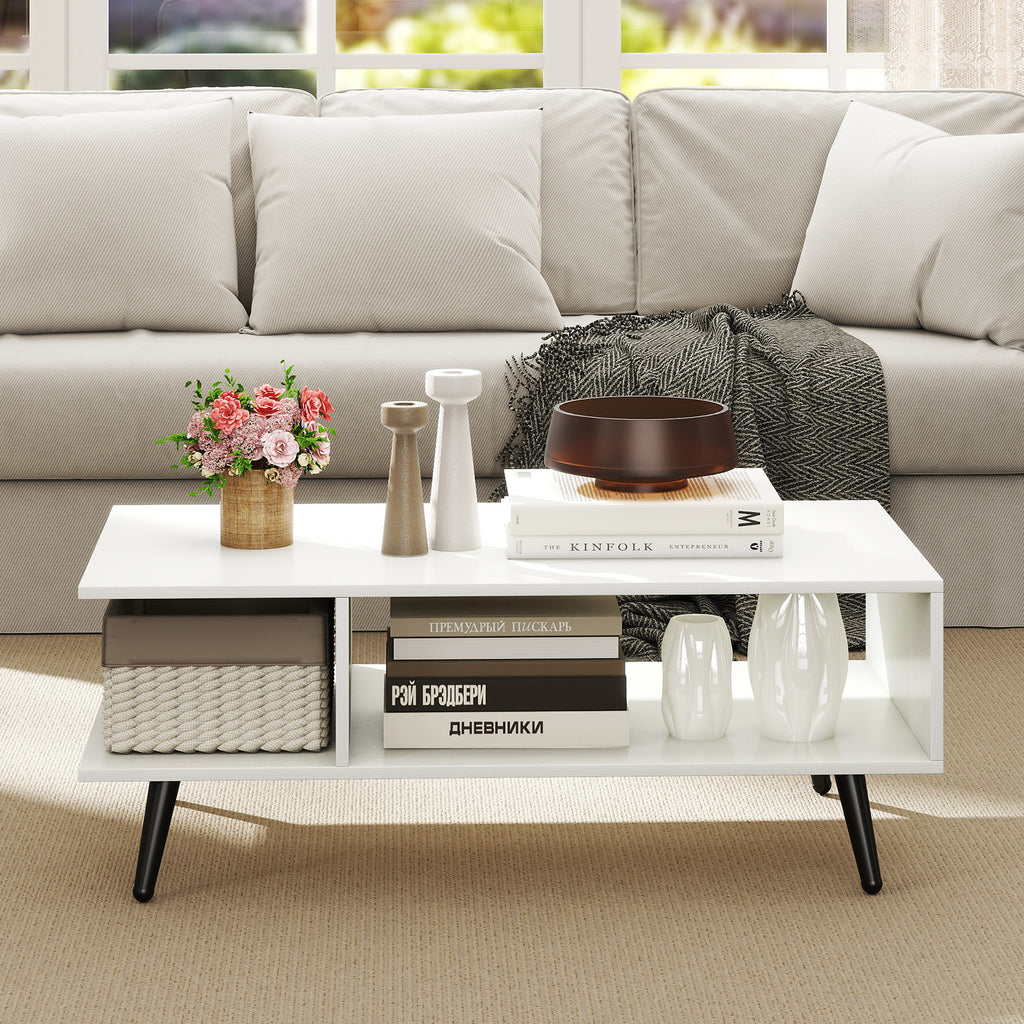 Mid Century Modern Coffee Table 2-Tier with Storage - White