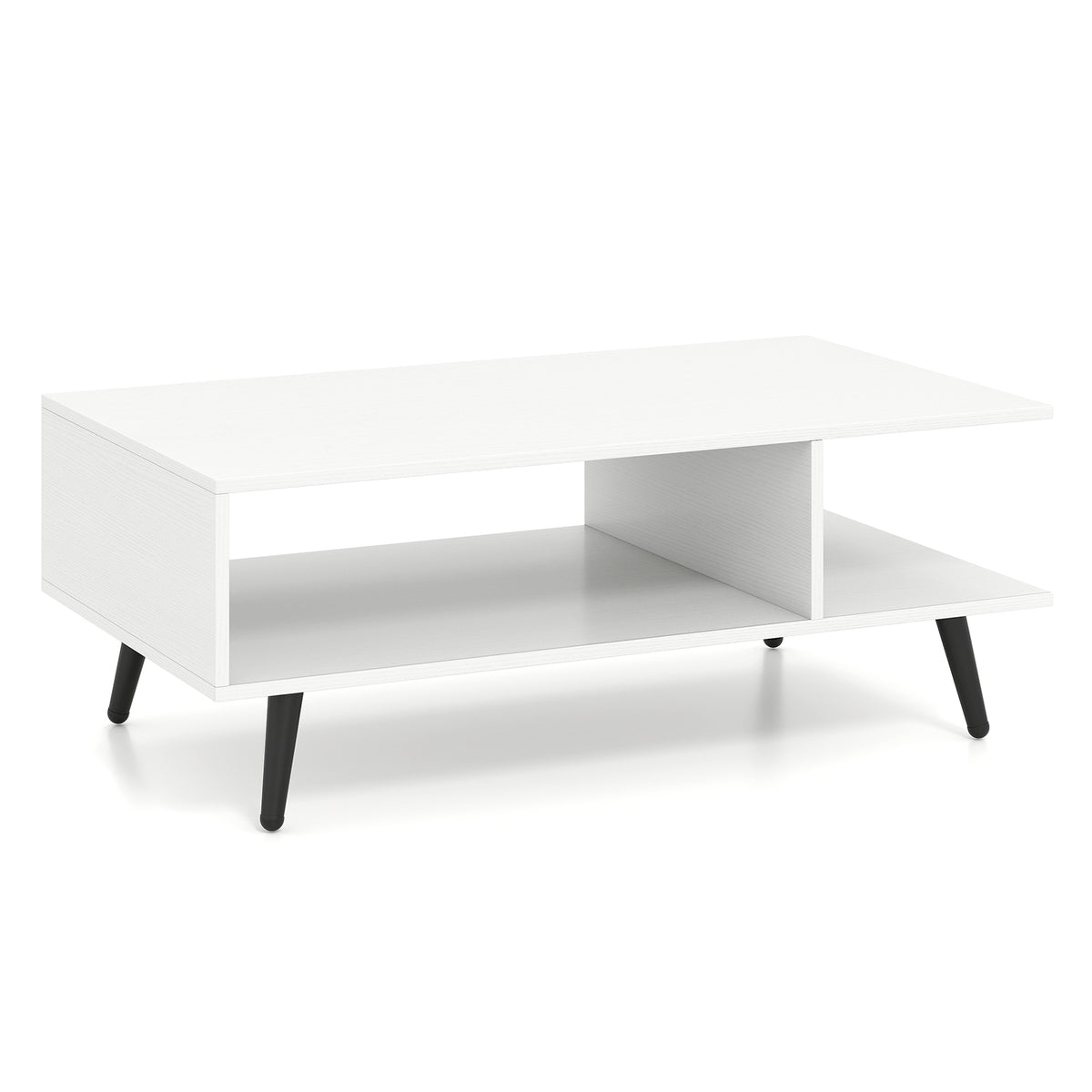Mid Century Modern Coffee Table 2-Tier with Storage - White