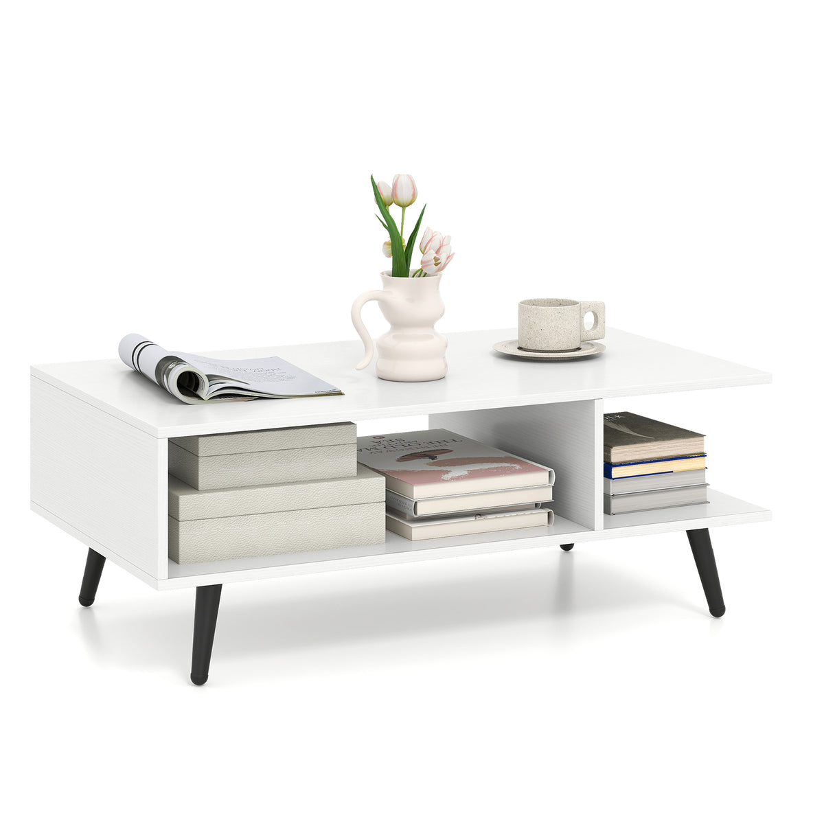Mid Century Modern Coffee Table 2-Tier with Storage - White