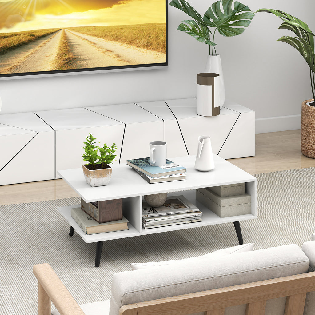 Mid Century Modern Coffee Table 2-Tier with Storage - White