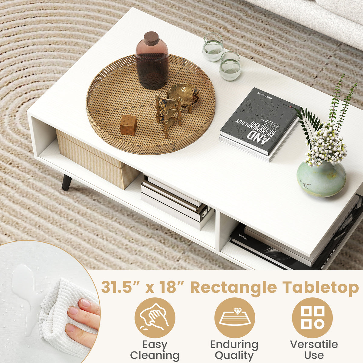 Mid Century Modern Coffee Table 2-Tier with Storage - White