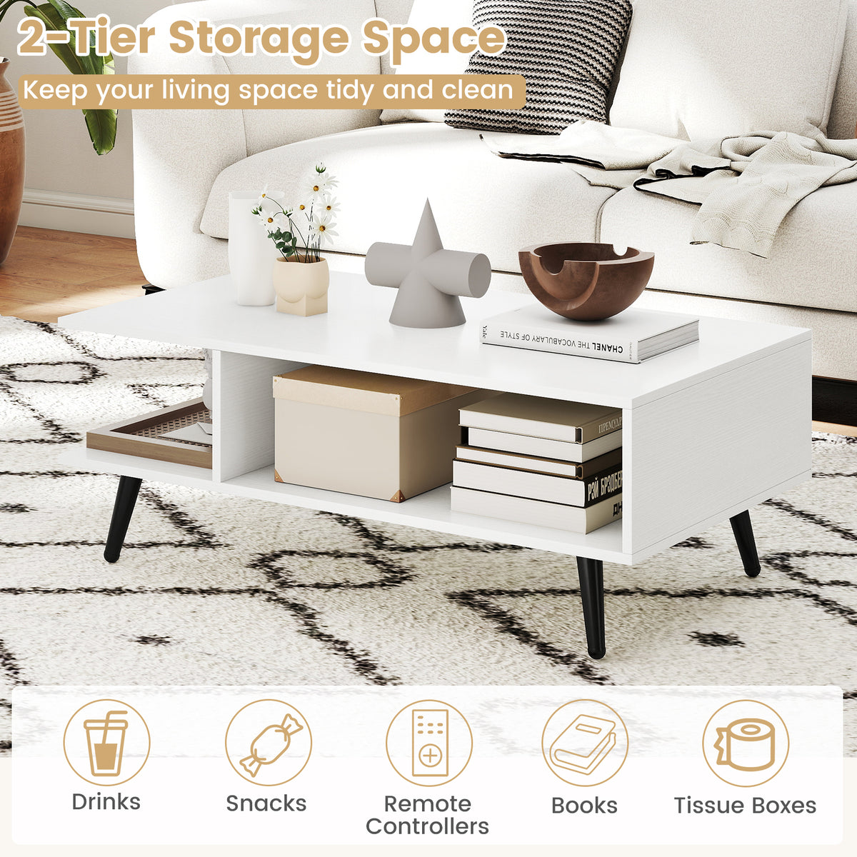 Mid Century Modern Coffee Table 2-Tier with Storage - White