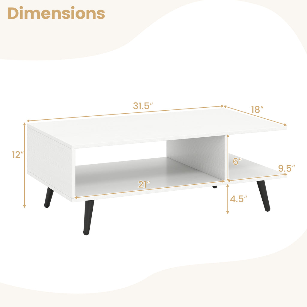 Mid Century Modern Coffee Table 2-Tier with Open Storage - White