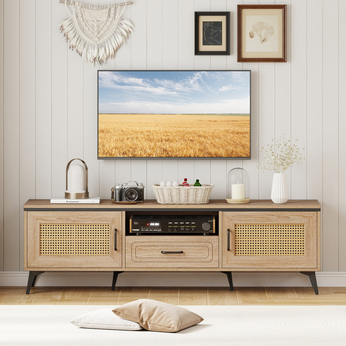 Mid Century Modern Entertainment Center with Storage - Oak