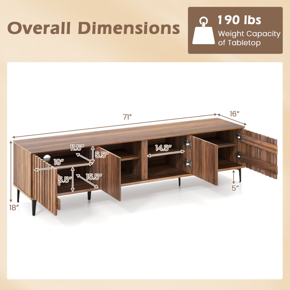 Mid Century Modern Entertainment Center for TVs up to 80", Walnut