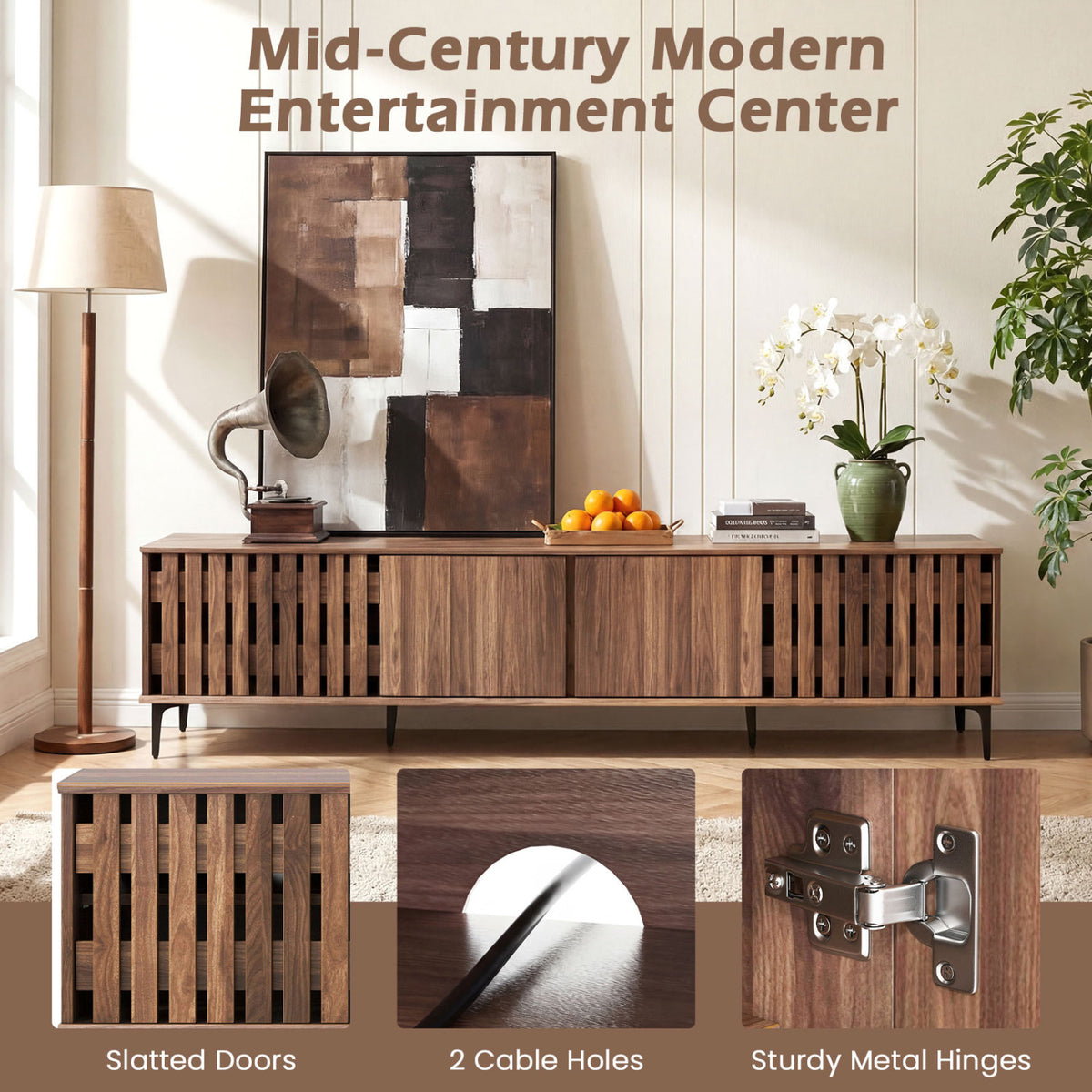 Mid Century Modern Entertainment Center for TVs up to 80", Walnut