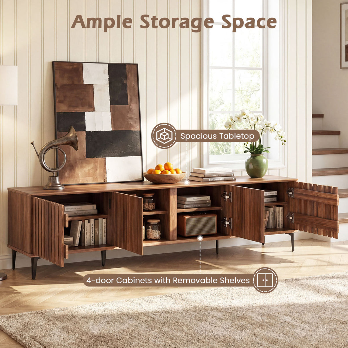 Mid Century Modern Entertainment Center for TVs up to 80", Walnut