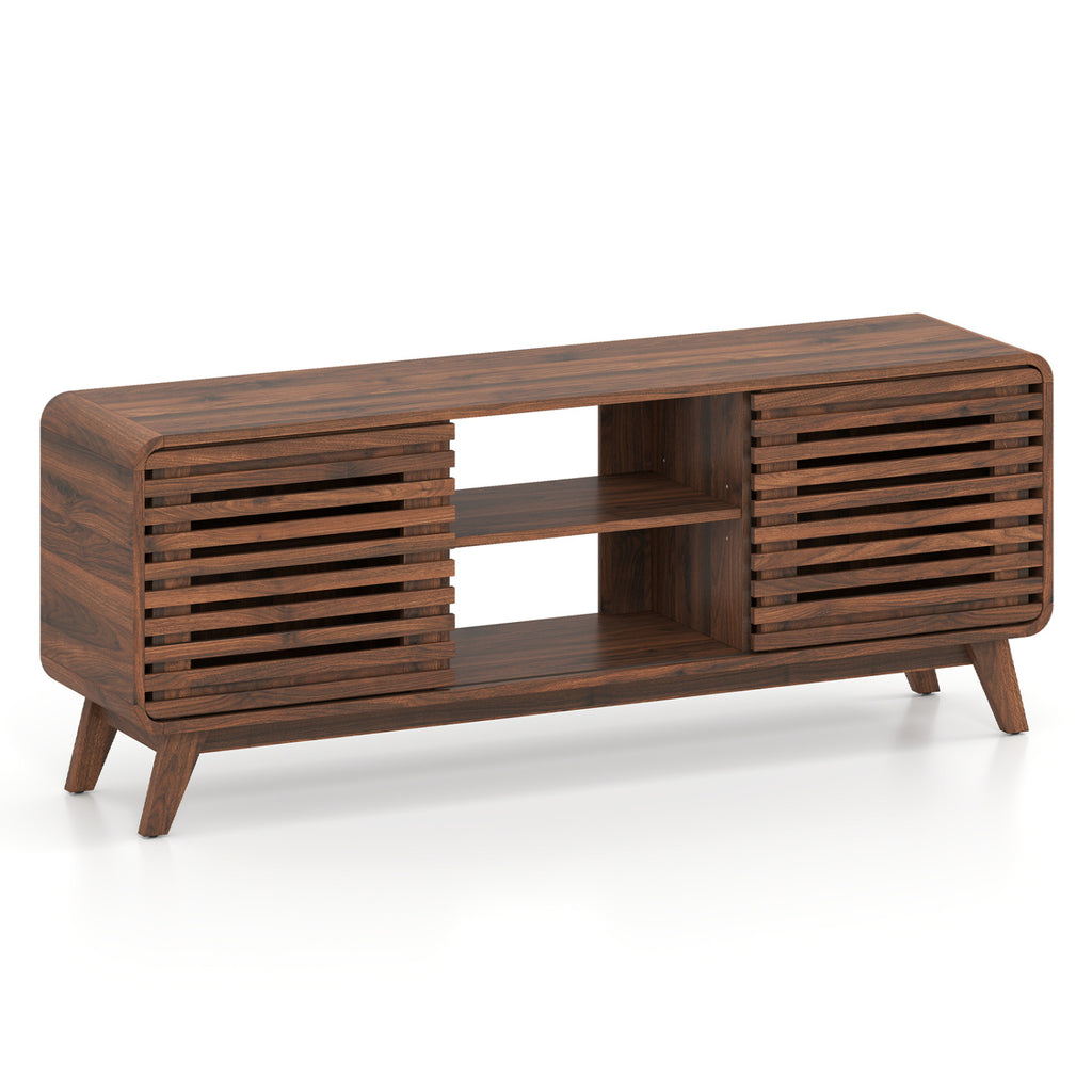 Mid Century Modern Entertainment Center with Sliding Doors – Walnut