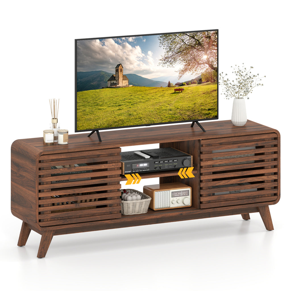 Mid Century Modern Entertainment Center with Sliding Doors – Walnut