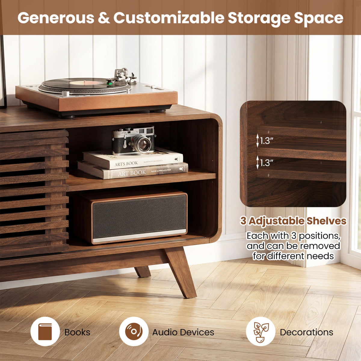 Mid Century Modern Entertainment Center with Sliding Doors – Walnut