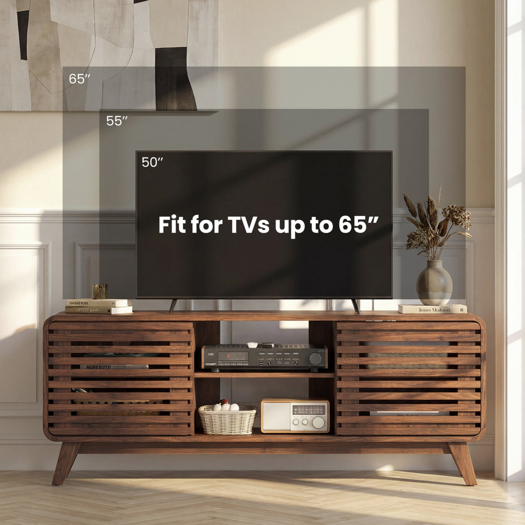 Mid Century Modern Entertainment Center with Sliding Doors - Walnut