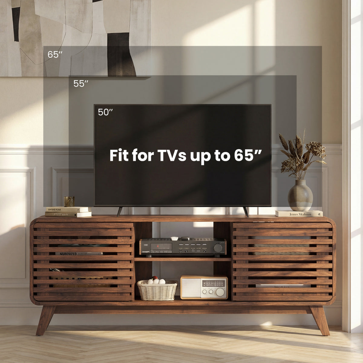Mid Century Modern Entertainment Center with Sliding Doors - Walnut