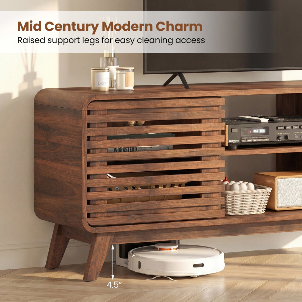 Mid Century Modern Entertainment Center with Sliding Doors – Walnut