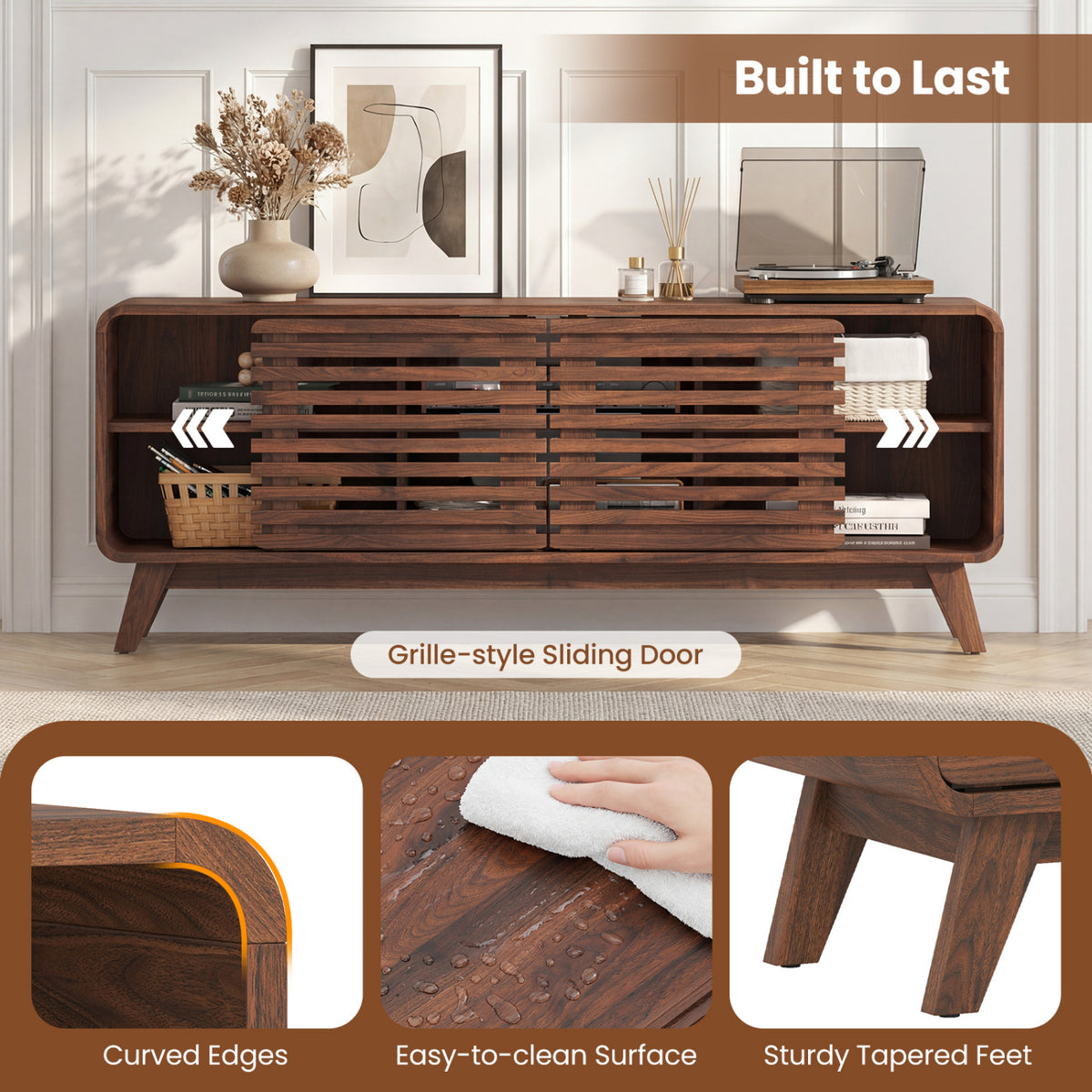 Mid Century Modern Entertainment Center with Sliding Doors - Walnut