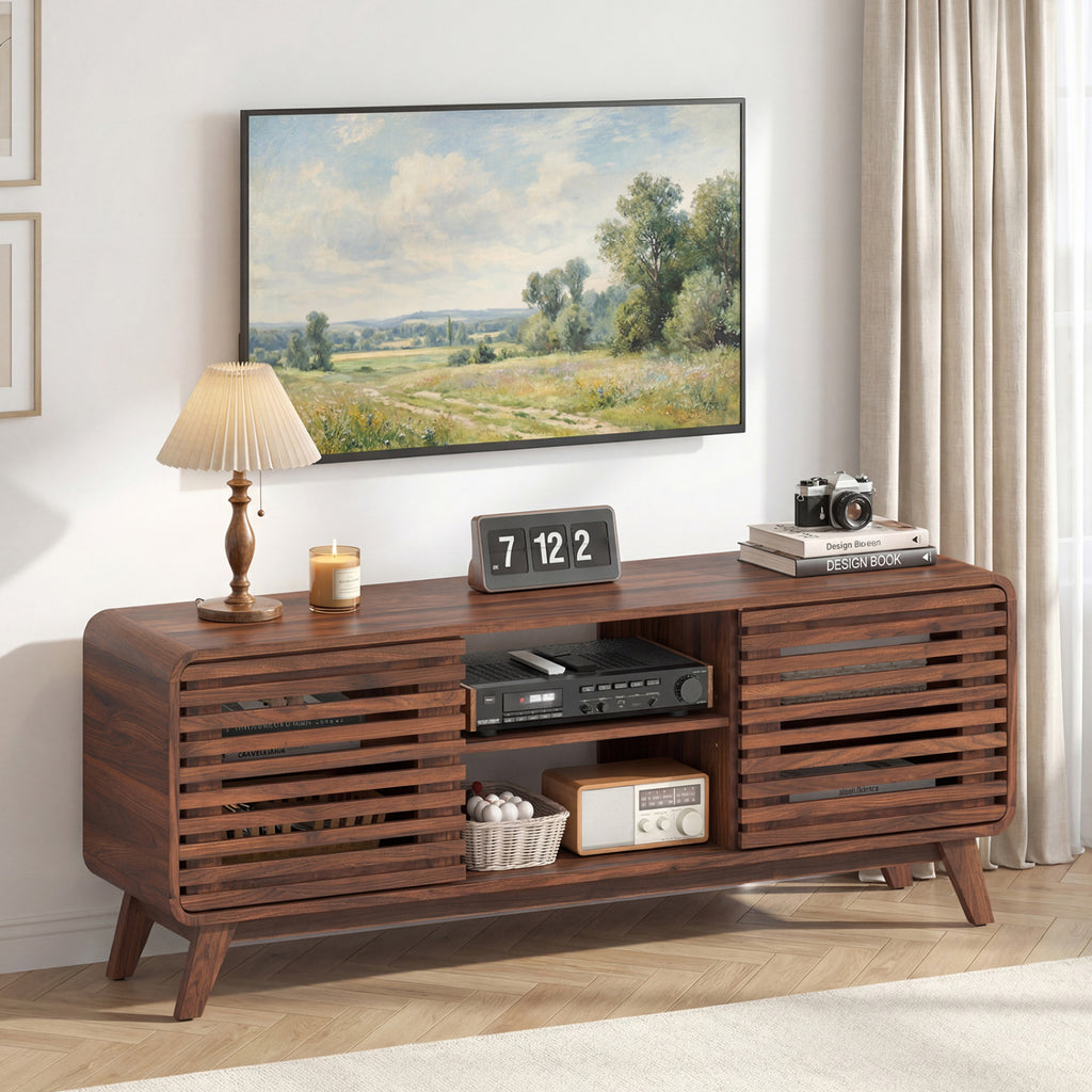 Mid Century Modern Entertainment Center with Sliding Doors – Walnut