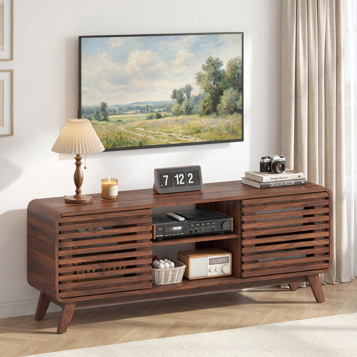 Mid Century Modern Entertainment Center with Sliding Doors – Walnut