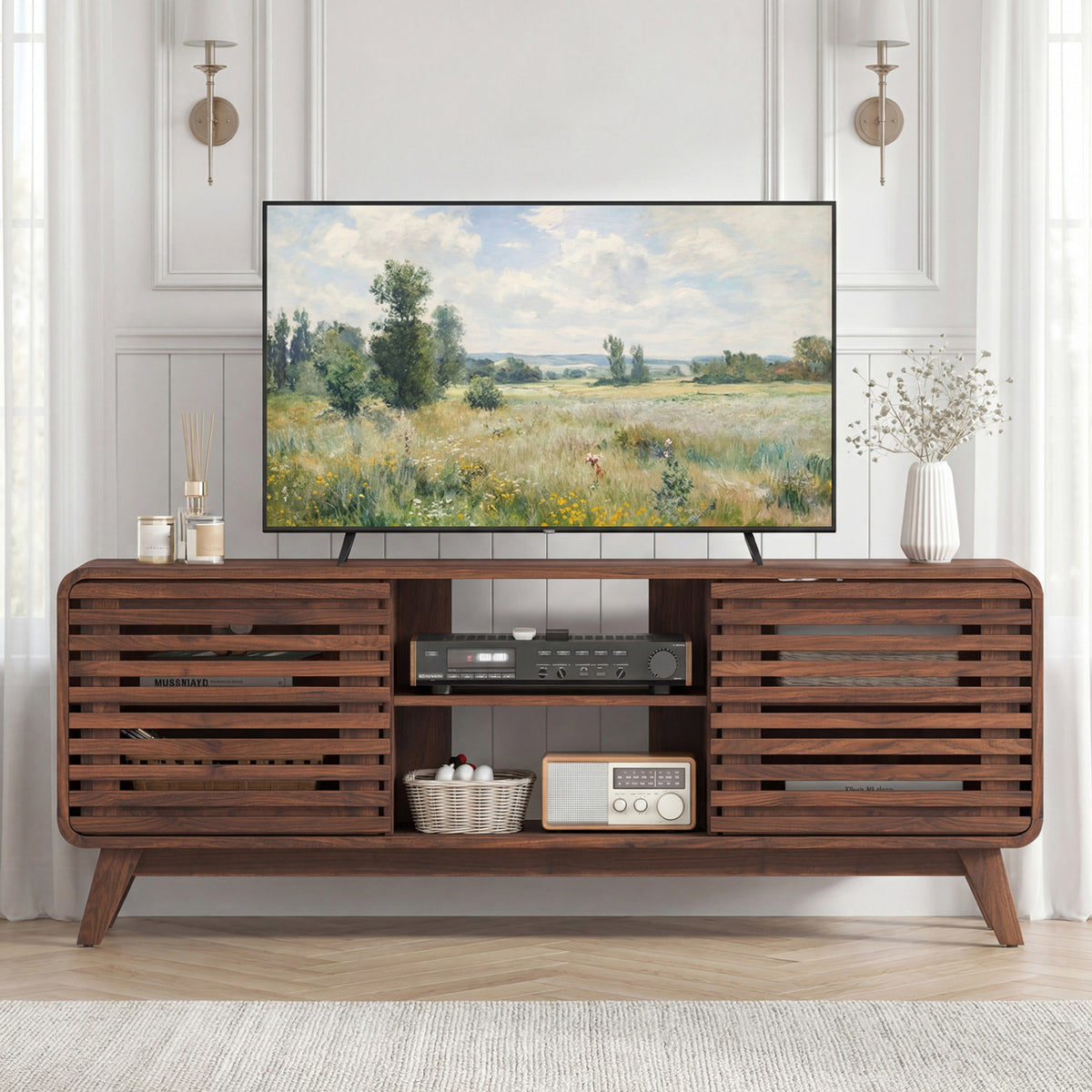 Mid Century Modern Entertainment Center with Sliding Doors – Walnut
