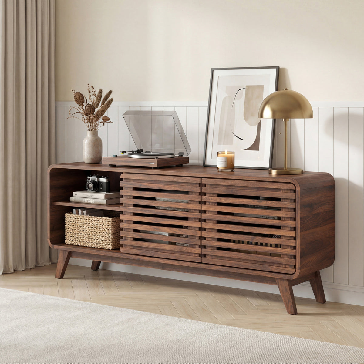 Mid Century Modern Entertainment Center with Sliding Doors – Walnut