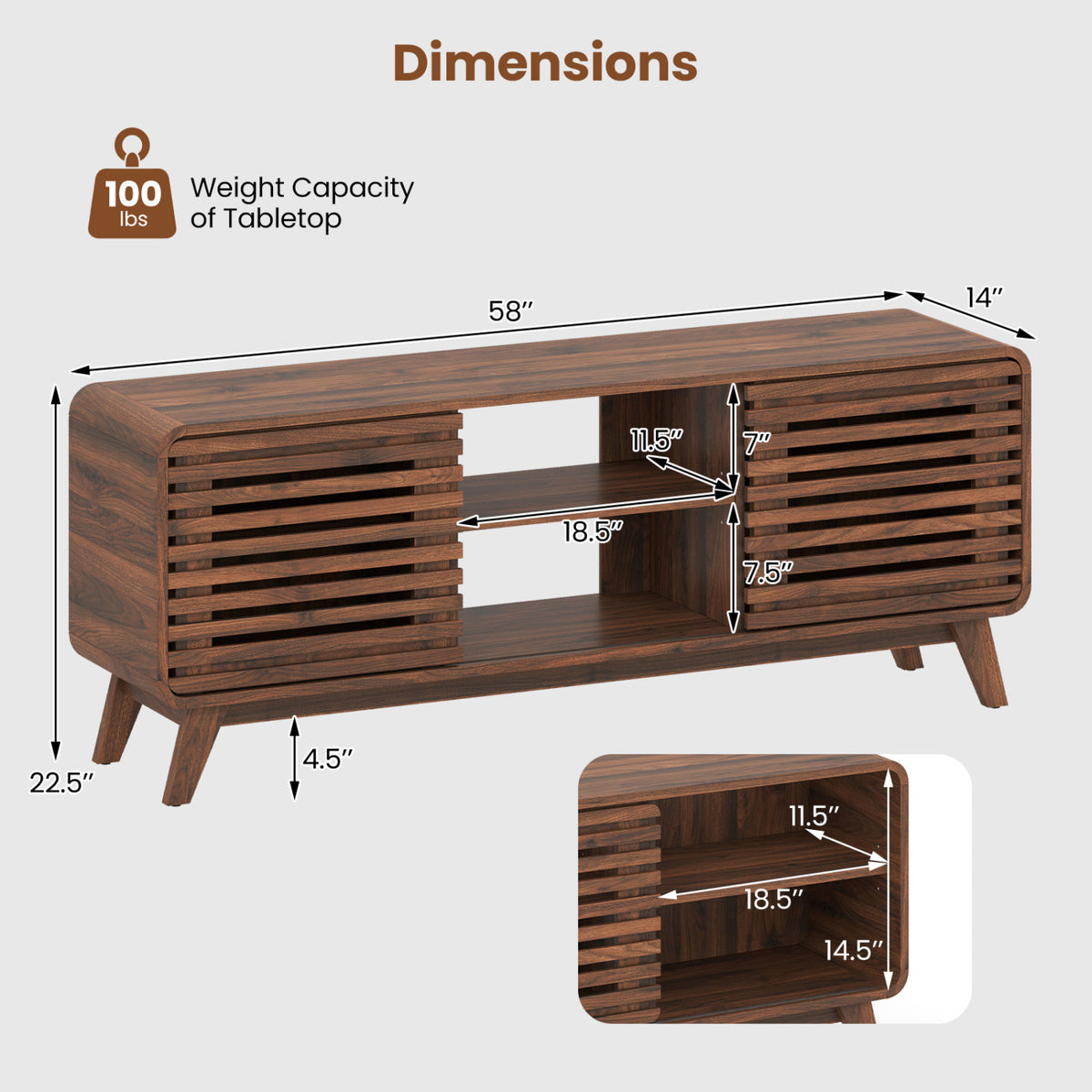 Mid Century Modern Entertainment Center with Sliding Doors – Walnut