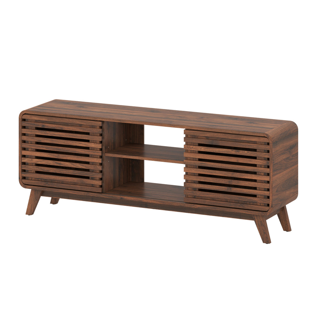 Mid Century Modern Entertainment Center with Sliding Doors – Walnut