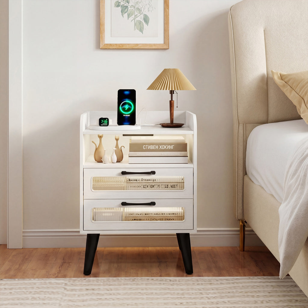 Mid Century Modern Nightstand with Charging Station - White