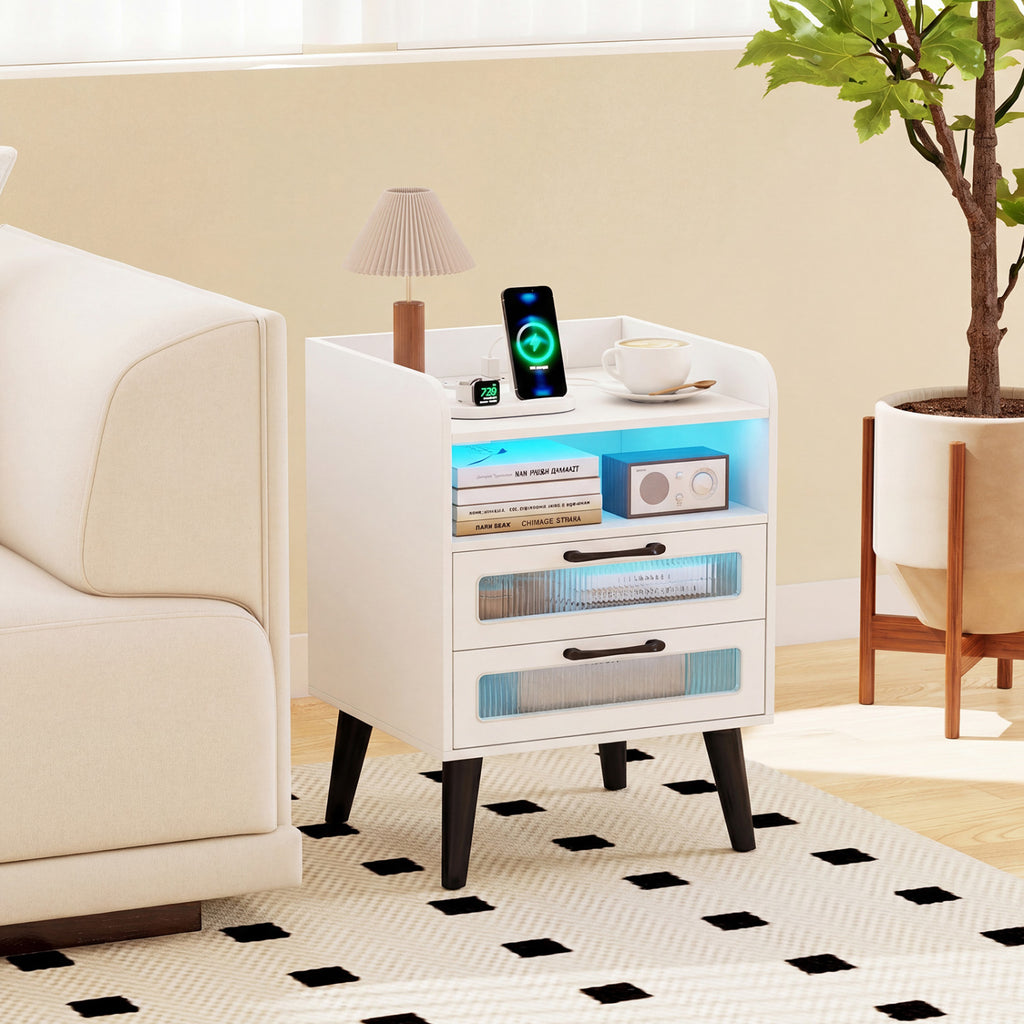 Mid Century Modern Nightstand with Charging Station - White