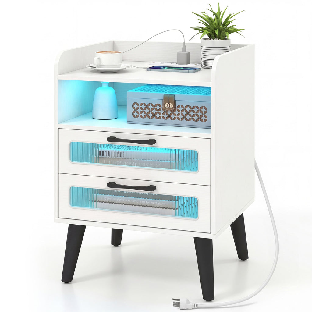 Mid Century Modern Nightstand with Charging Station, White